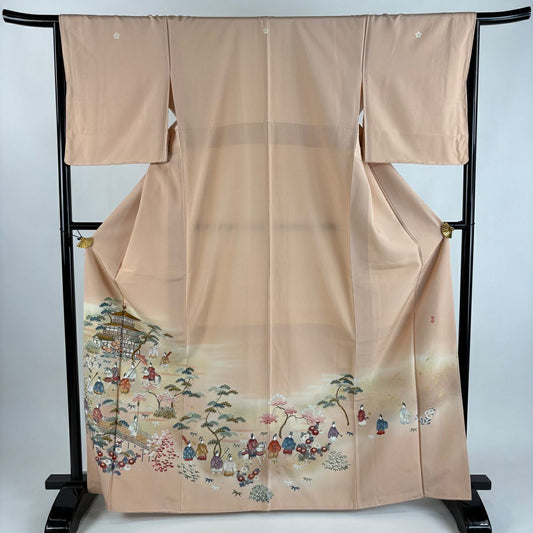 【美品】 留袖禮服禮服 身長166cm 袖長65.5cm M 雙層 落款あり 人物 風景 金糸 漸層 粉米色 純蠶絲 優品級 三つ紋