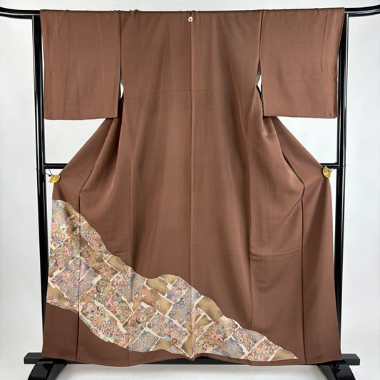 【美品】 留袖禮服禮服 身長158.5cm 袖長65.5cm M 雙層 花鳥 青海波 金銀彩 茶 純蠶絲 優品級 一つ紋