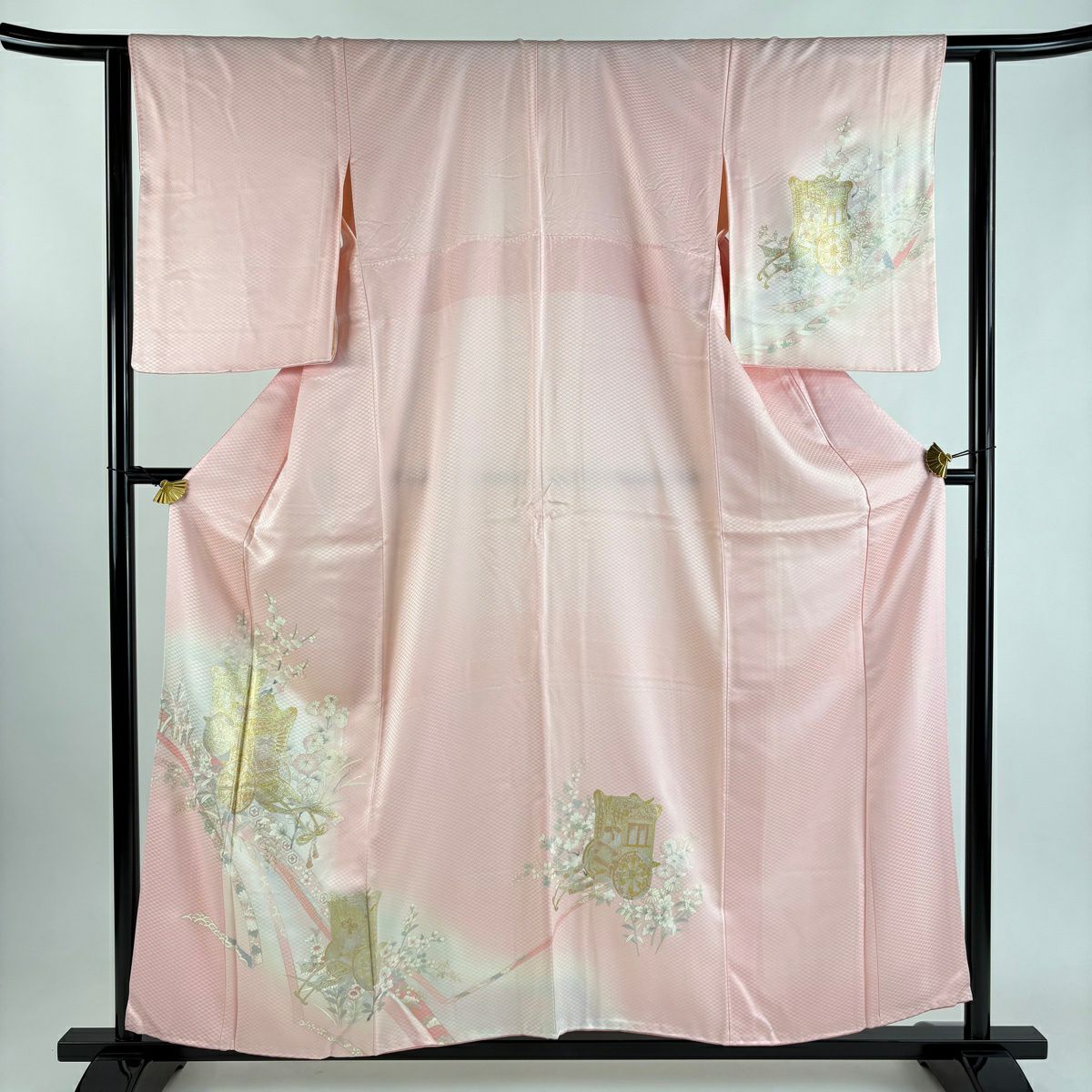 付下 身長157.5cm 袖長61cm S 雙層 大和 御所車 草花紋 金銀彩 漸層 粉紅 純蠶絲 優品級