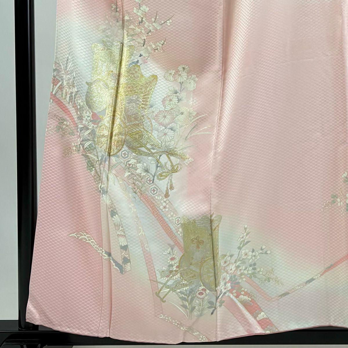 付下 身長157.5cm 袖長61cm S 雙層 大和 御所車 草花紋 金銀彩 漸層 粉紅 純蠶絲 優品級