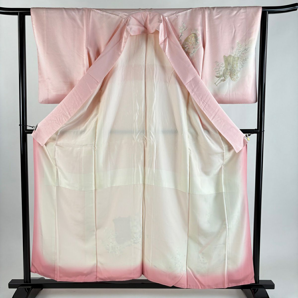 付下 身長157.5cm 袖長61cm S 雙層 大和 御所車 草花紋 金銀彩 漸層 粉紅 純蠶絲 優品級