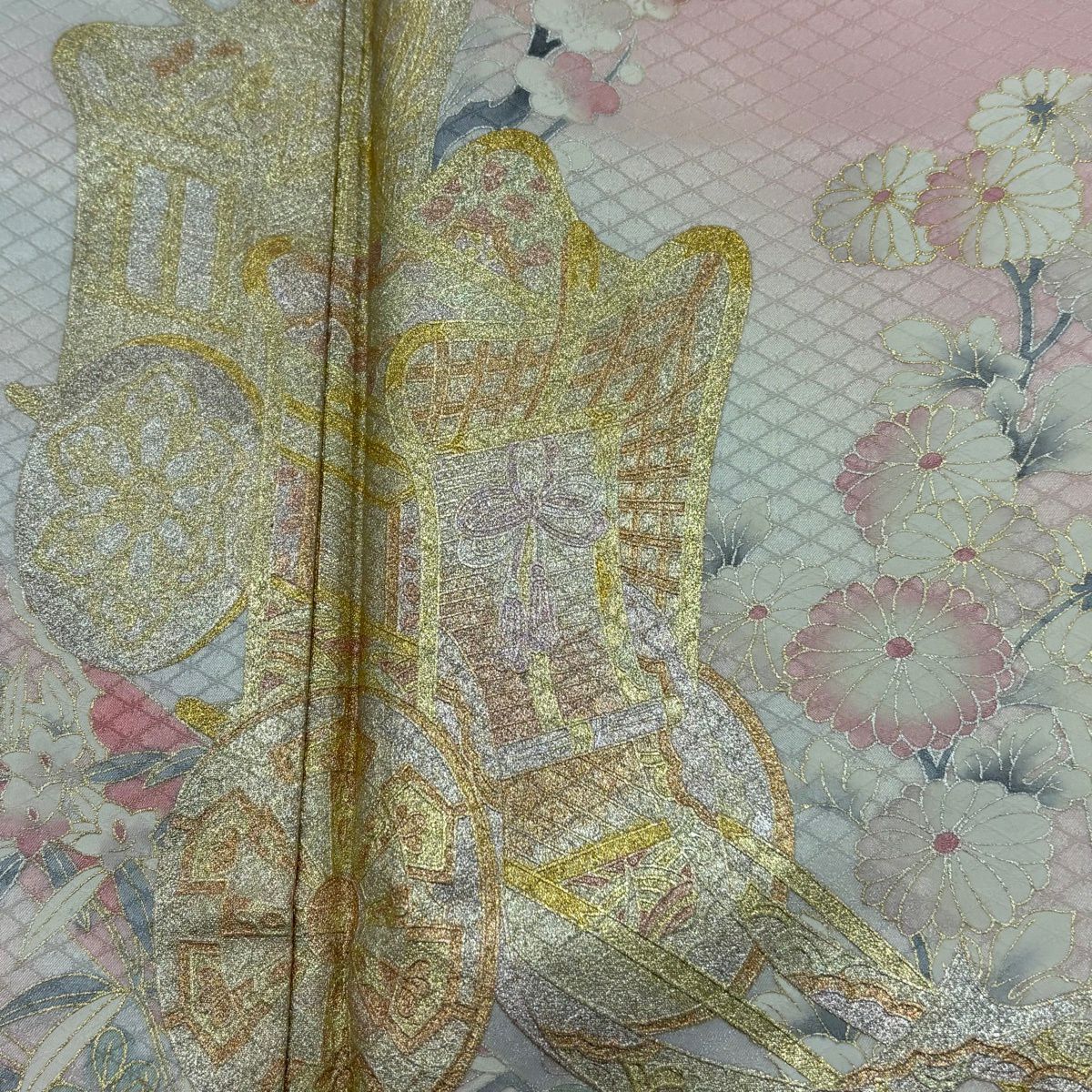 付下 身長157.5cm 袖長61cm S 雙層 大和 御所車 草花紋 金銀彩 漸層 粉紅 純蠶絲 優品級