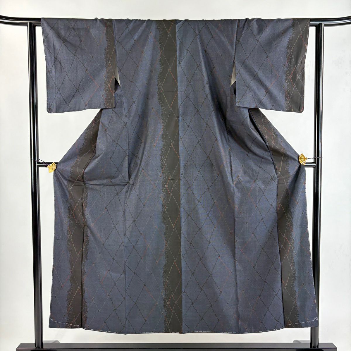 【美品】 紬織 身長151.5cm 袖長61cm S 雙層 菱 幾何學圖案 深藍 純蠶絲 優品級