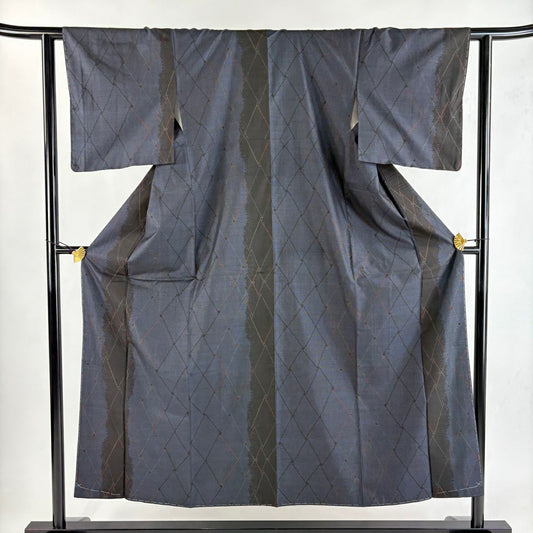 【美品】 紬織 身長151.5cm 袖長61cm S 雙層 菱 幾何學圖案 深藍 純蠶絲 優品級