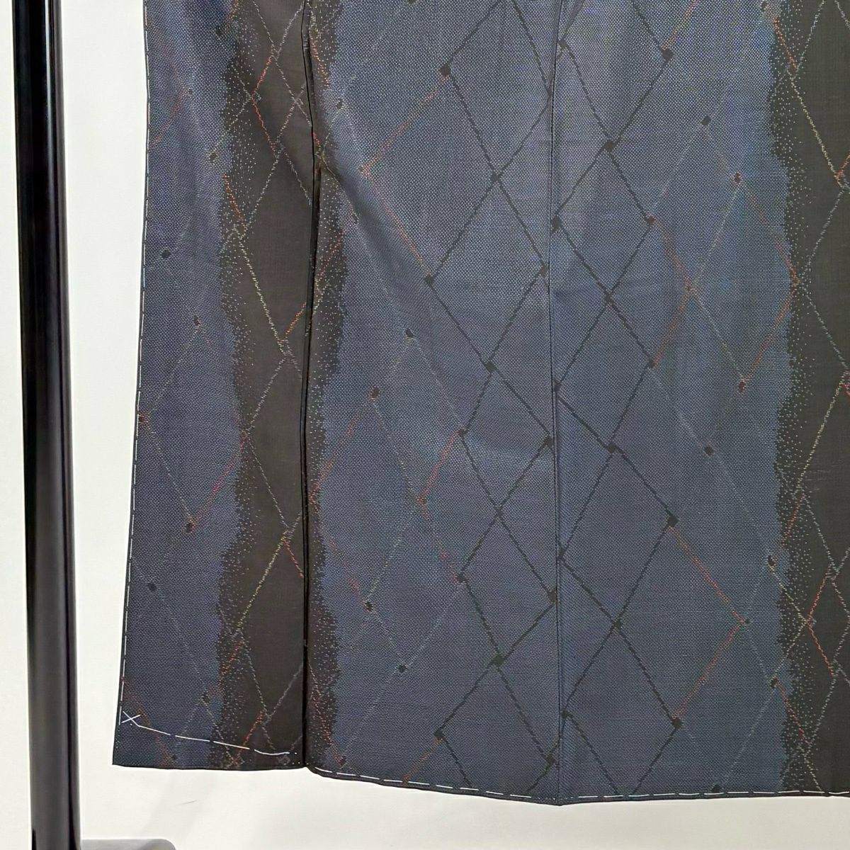【美品】 紬織 身長151.5cm 袖長61cm S 雙層 菱 幾何學圖案 深藍 純蠶絲 優品級