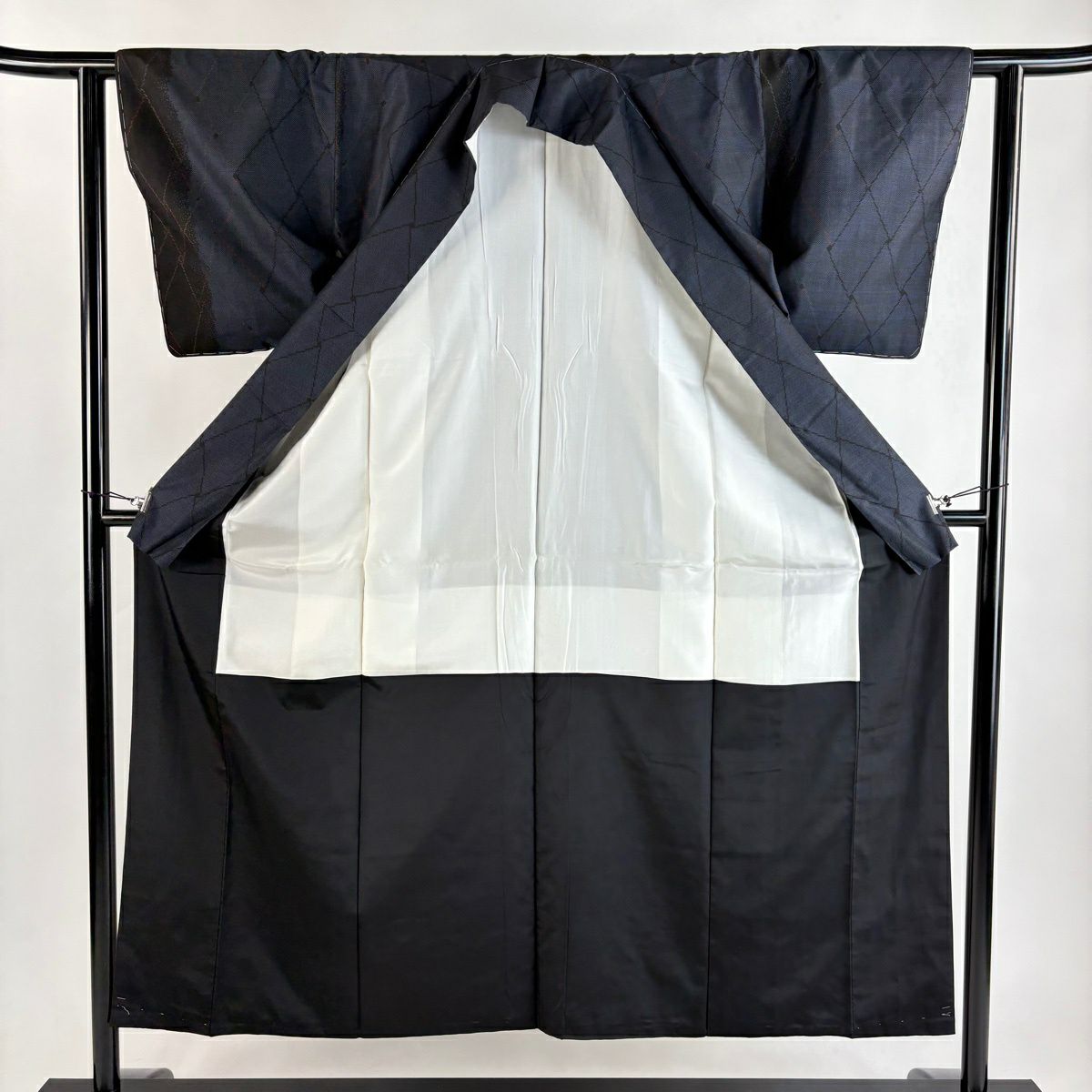 【美品】 紬織 身長151.5cm 袖長61cm S 雙層 菱 幾何學圖案 深藍 純蠶絲 優品級