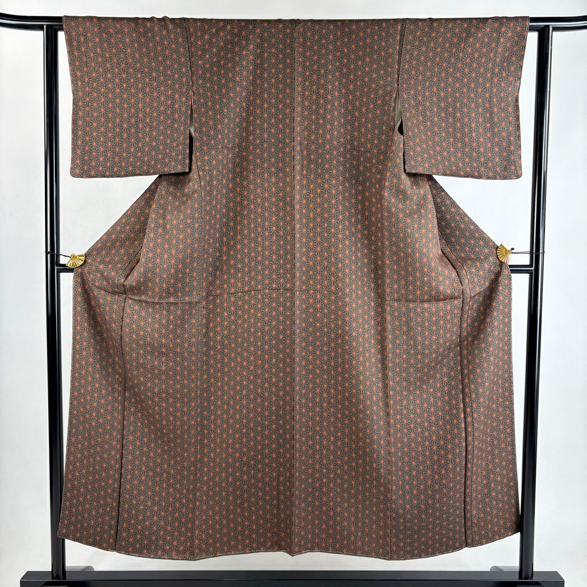 【美品】 小紋 身長150cm 袖長61cm S 雙層 麻葉 灰綠 純蠶絲 優品級