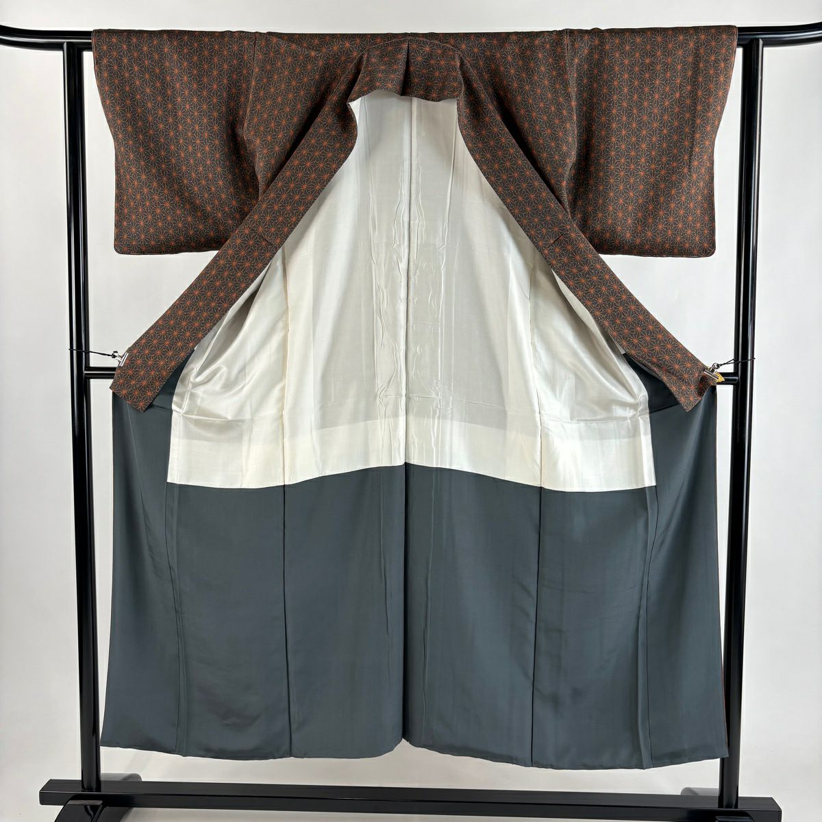 【美品】 小紋 身長150cm 袖長61cm S 雙層 麻葉 灰綠 純蠶絲 優品級