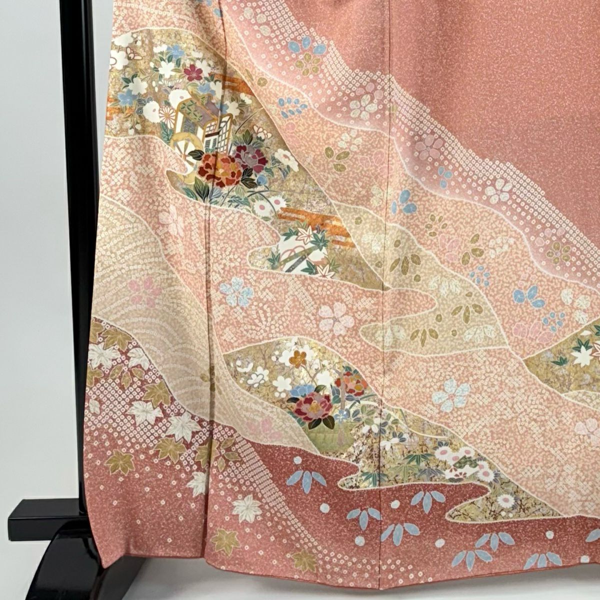 訪問服 身長163cm 袖長67cm M 雙層 御所車 草花紋紋 金銀彩 粉米色 純蠶絲 優品級