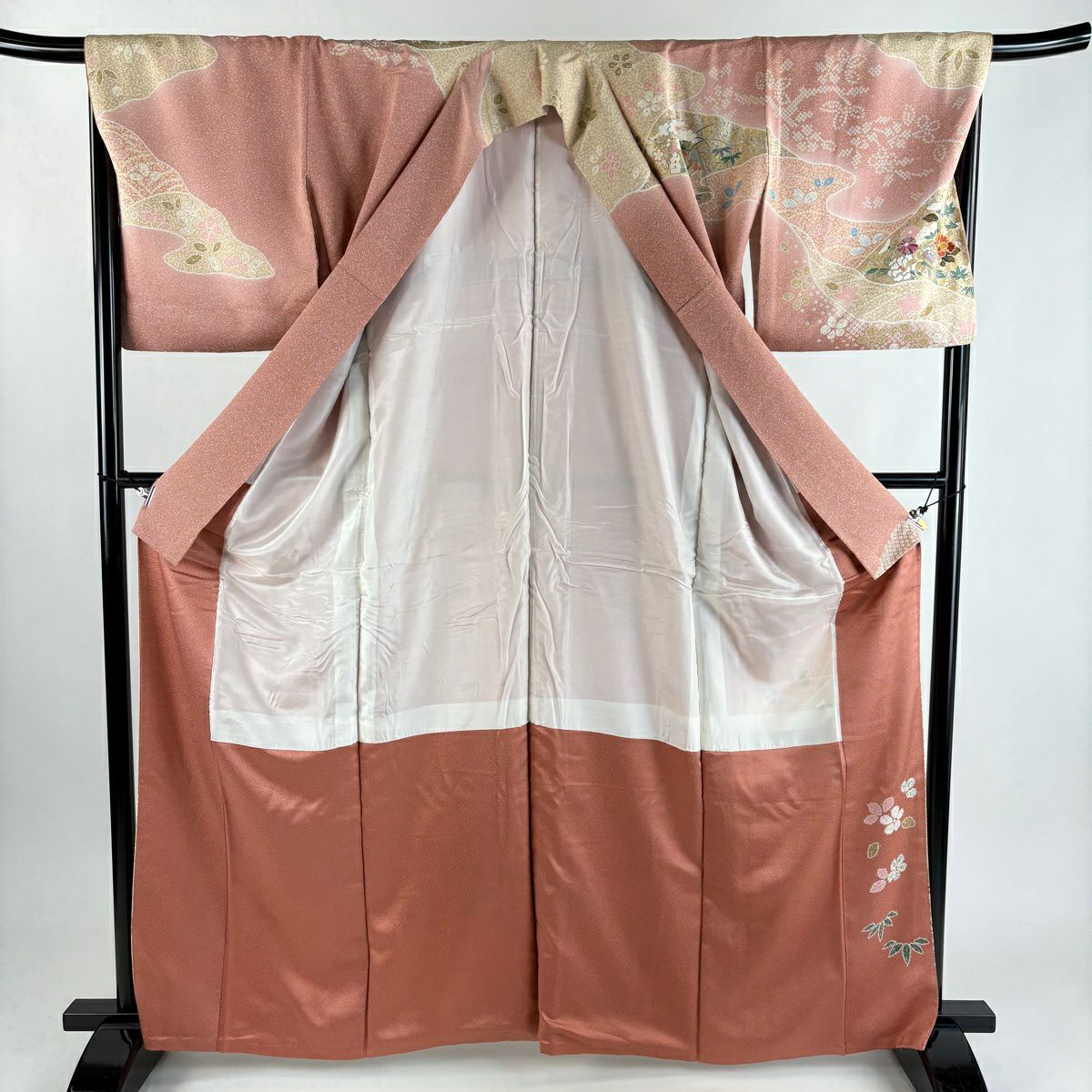 訪問服 身長163cm 袖長67cm M 雙層 御所車 草花紋紋 金銀彩 粉米色 純蠶絲 優品級