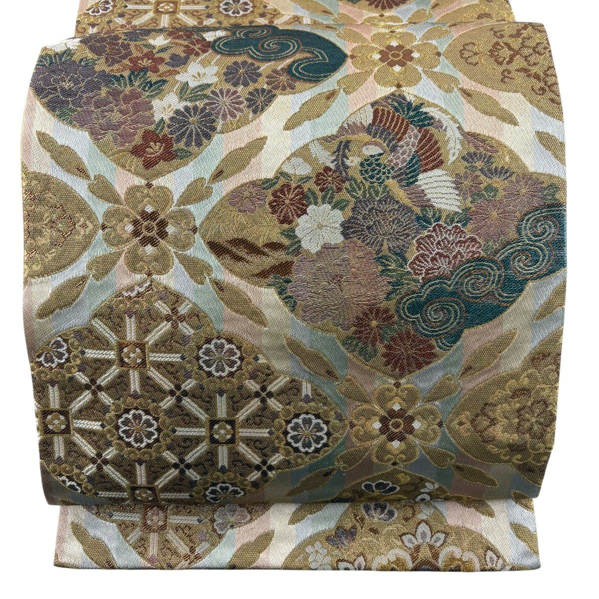 【美品】 袋帶 秀品級 錦繡織 薄茶 六通 純蠶絲
