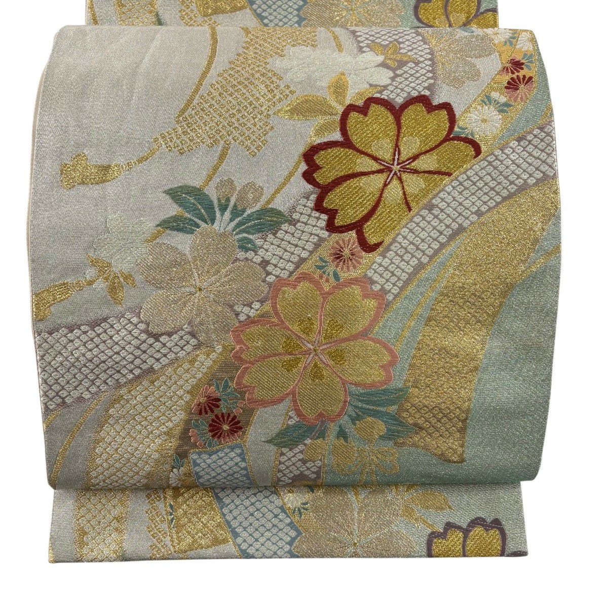 【美品】 袋帶 秀品級 振袖禮服禮服用 鈴乃屋 櫻花 熨斗紋 金銀彩 金金箔 淺綠 六通 純蠶絲