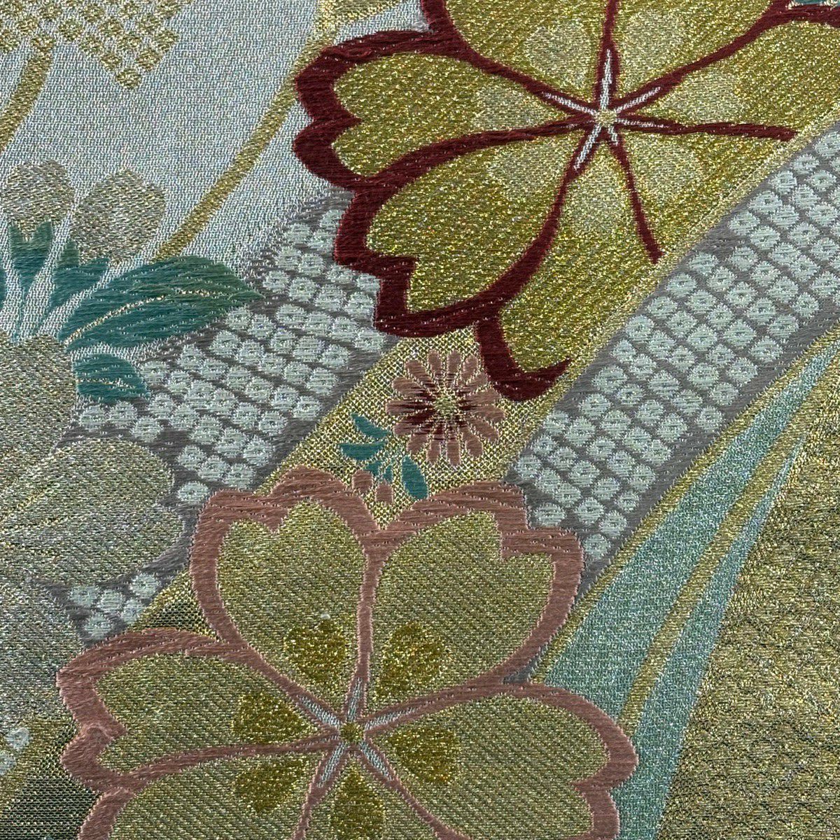 【美品】 袋帶 秀品級 振袖禮服禮服用 鈴乃屋 櫻花 熨斗紋 金銀彩 金金箔 淺綠 六通 純蠶絲