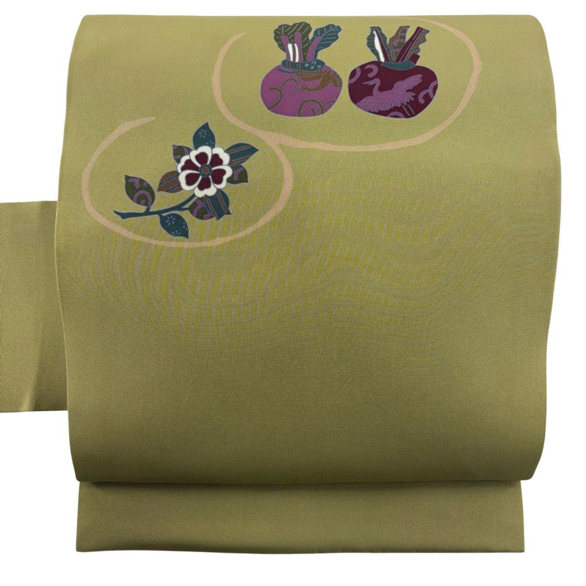 【美品】名古屋帶 秀品級 生物 草花紋紋 抹茶 純蠶絲