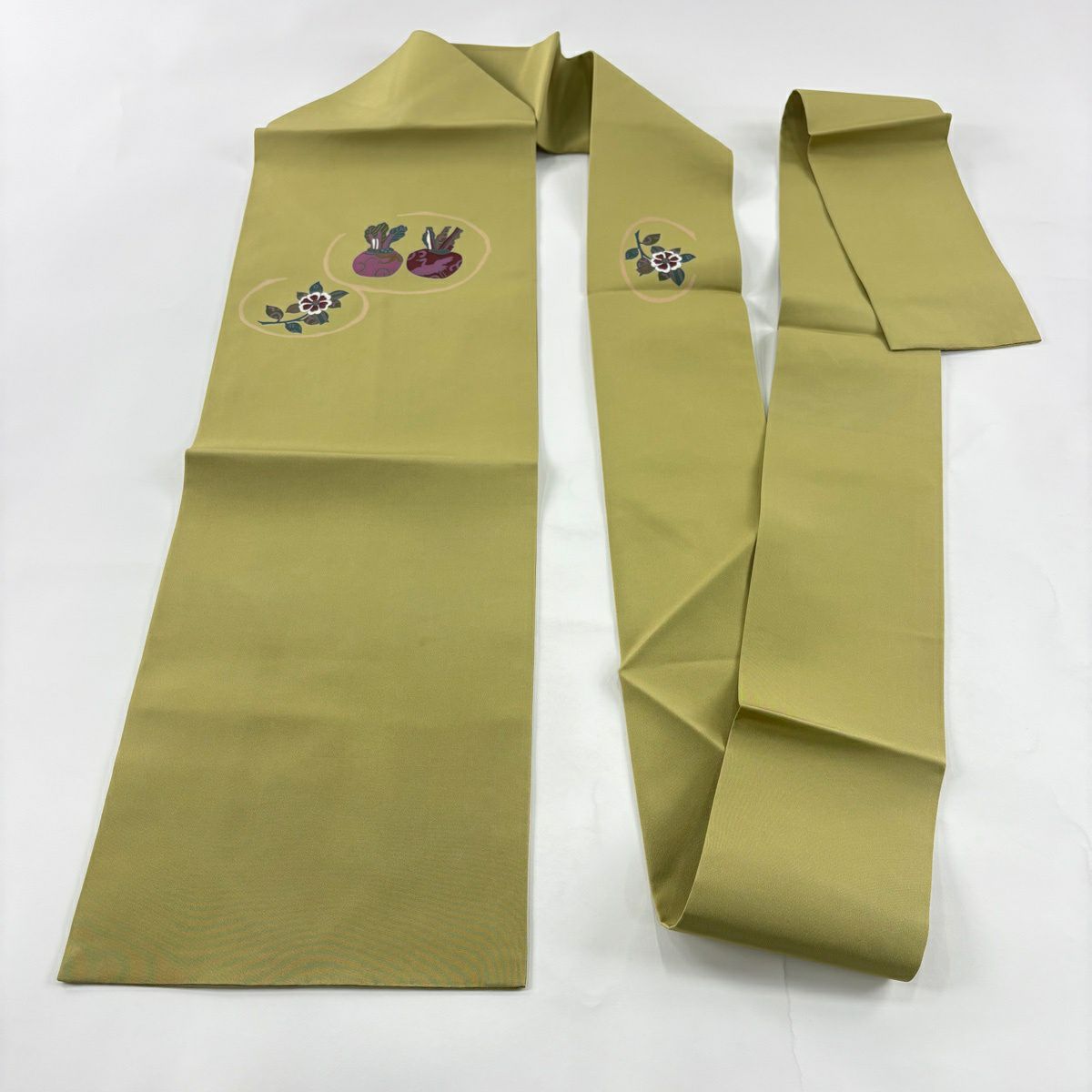 【美品】名古屋帶 秀品級 生物 草花紋紋 抹茶 純蠶絲