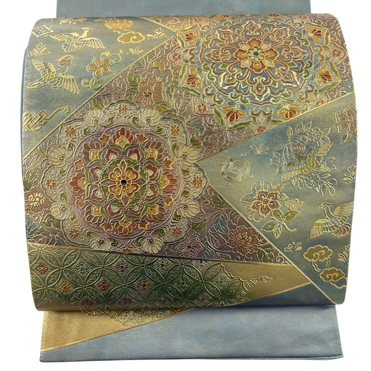 【美品】 袋帶 秀品級 華紋 花鳥 金彩裝飾 灰綠 お太鼓柄 純蠶絲