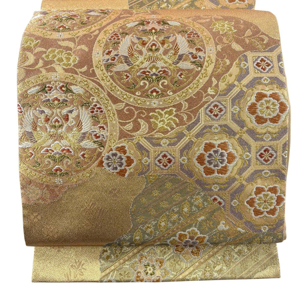【美品】 袋帶 秀品級 向鳥 蜀江華紋 金絲 金金箔 金 六通 純蠶絲
