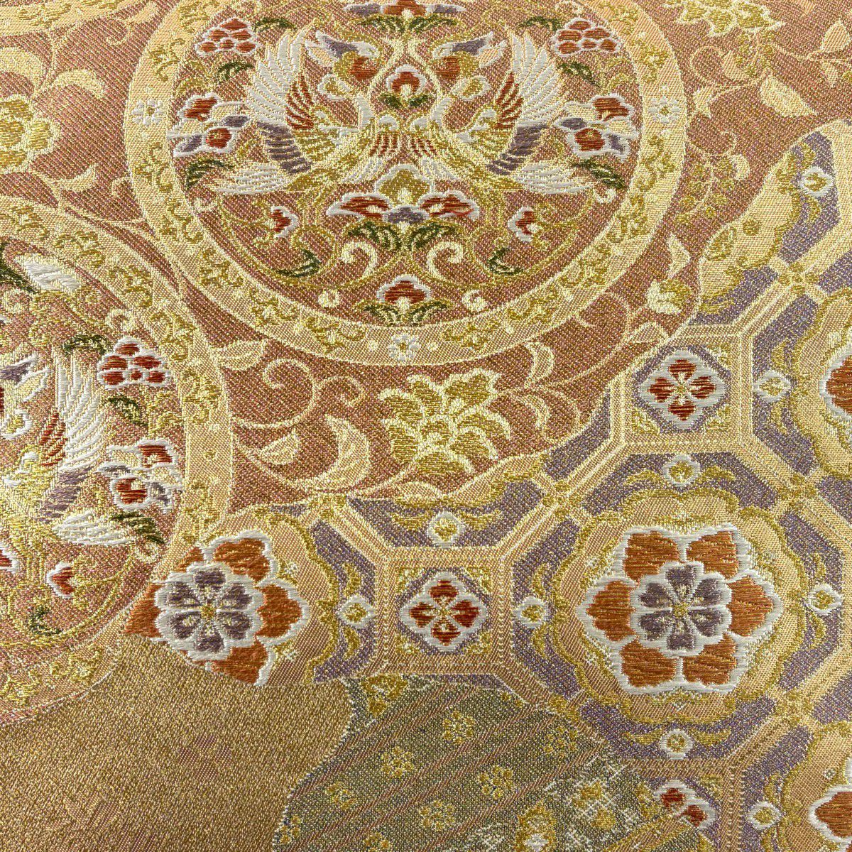 【美品】 袋帶 秀品級 向鳥 蜀江華紋 金絲 金金箔 金 六通 純蠶絲