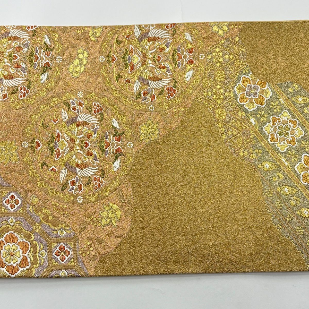 【美品】 袋帶 秀品級 向鳥 蜀江華紋 金絲 金金箔 金 六通 純蠶絲