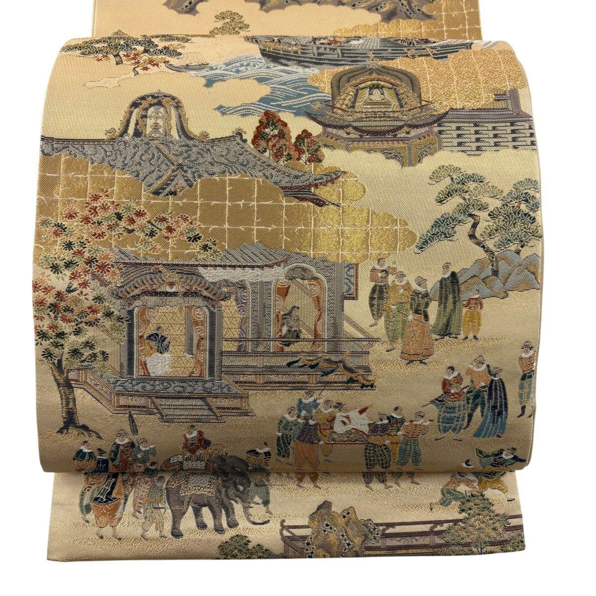 【美品】 袋帶 秀品級 南蠻屏風圖 金絲 金金箔 金 六通 純蠶絲