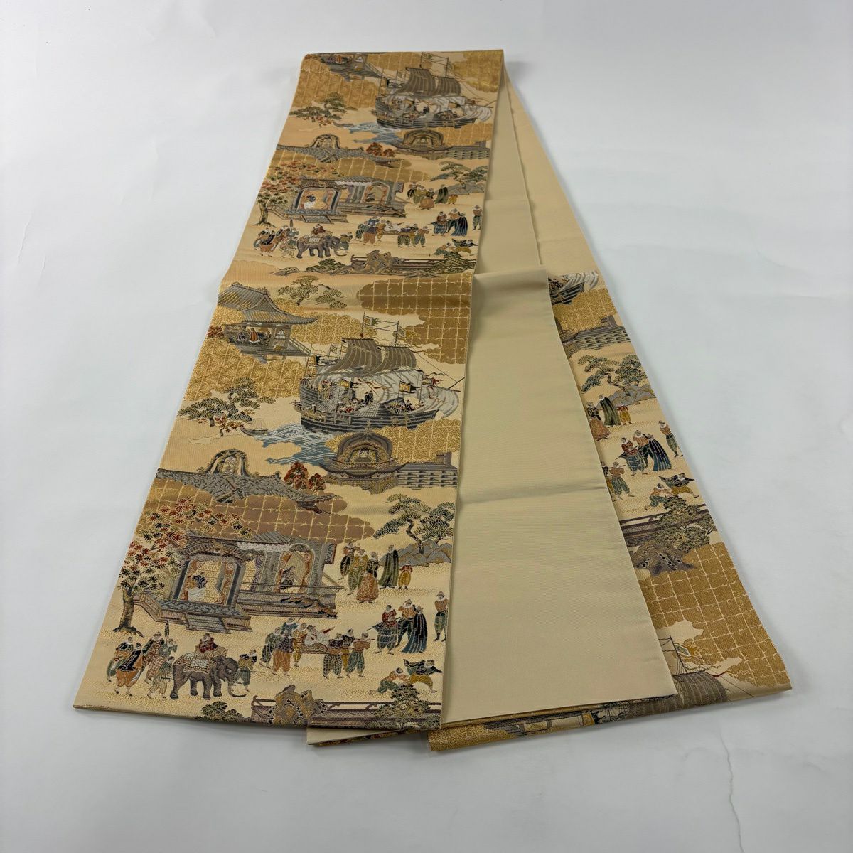 【美品】 袋帶 秀品級 南蠻屏風圖 金絲 金金箔 金 六通 純蠶絲