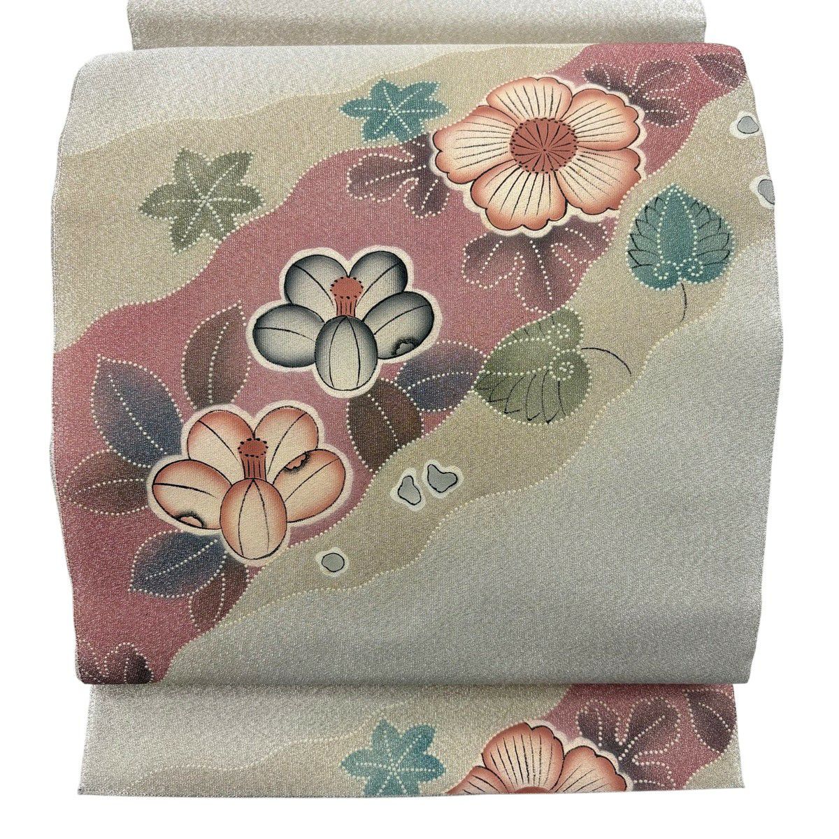 【美品】 袋帶 秀品級 草花紋 椿 銀線 淺茶 金銀彩 純蠶絲