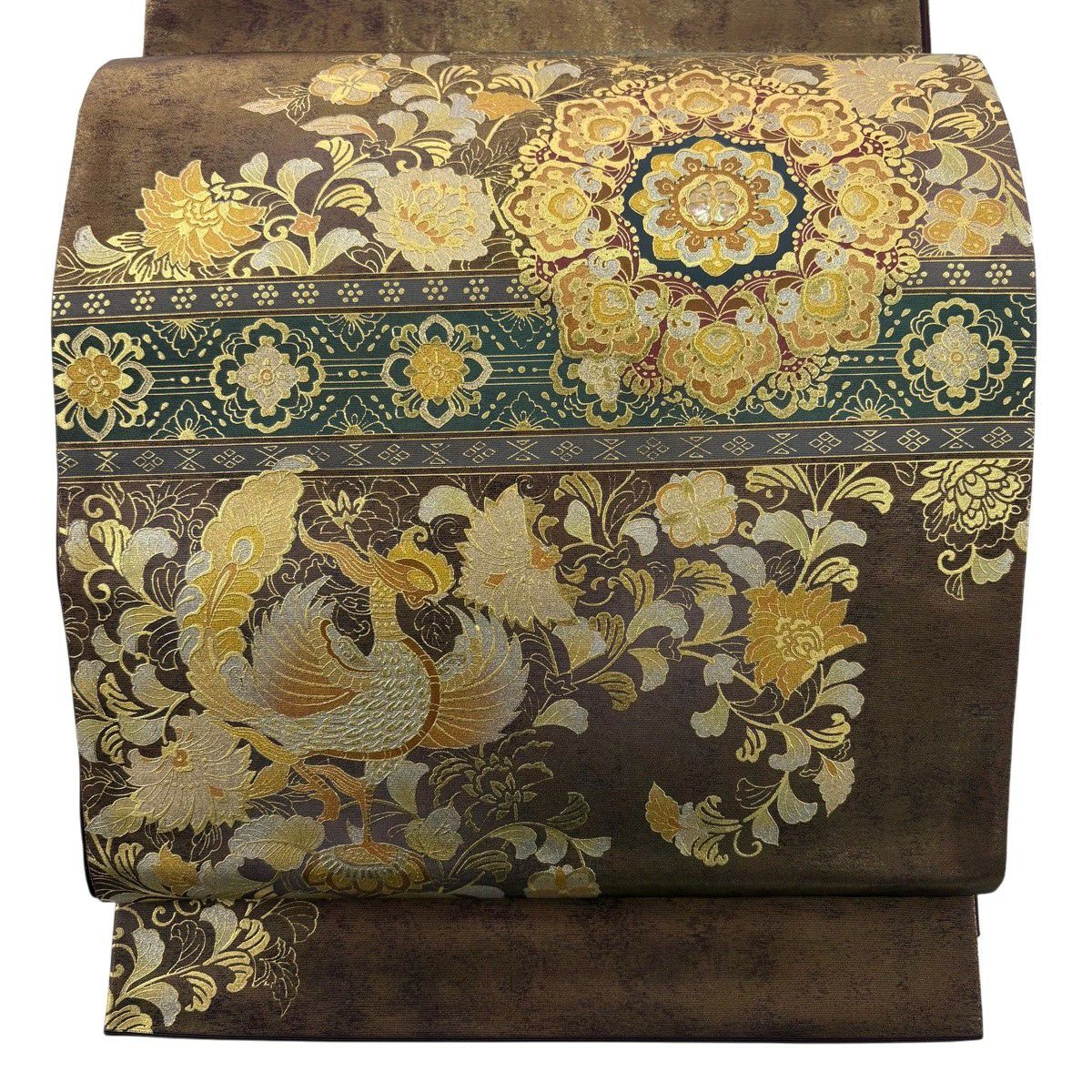 【美品】 袋帶 秀品級 華紋 花鳥 螺鈿 金銀彩 茶 純蠶絲