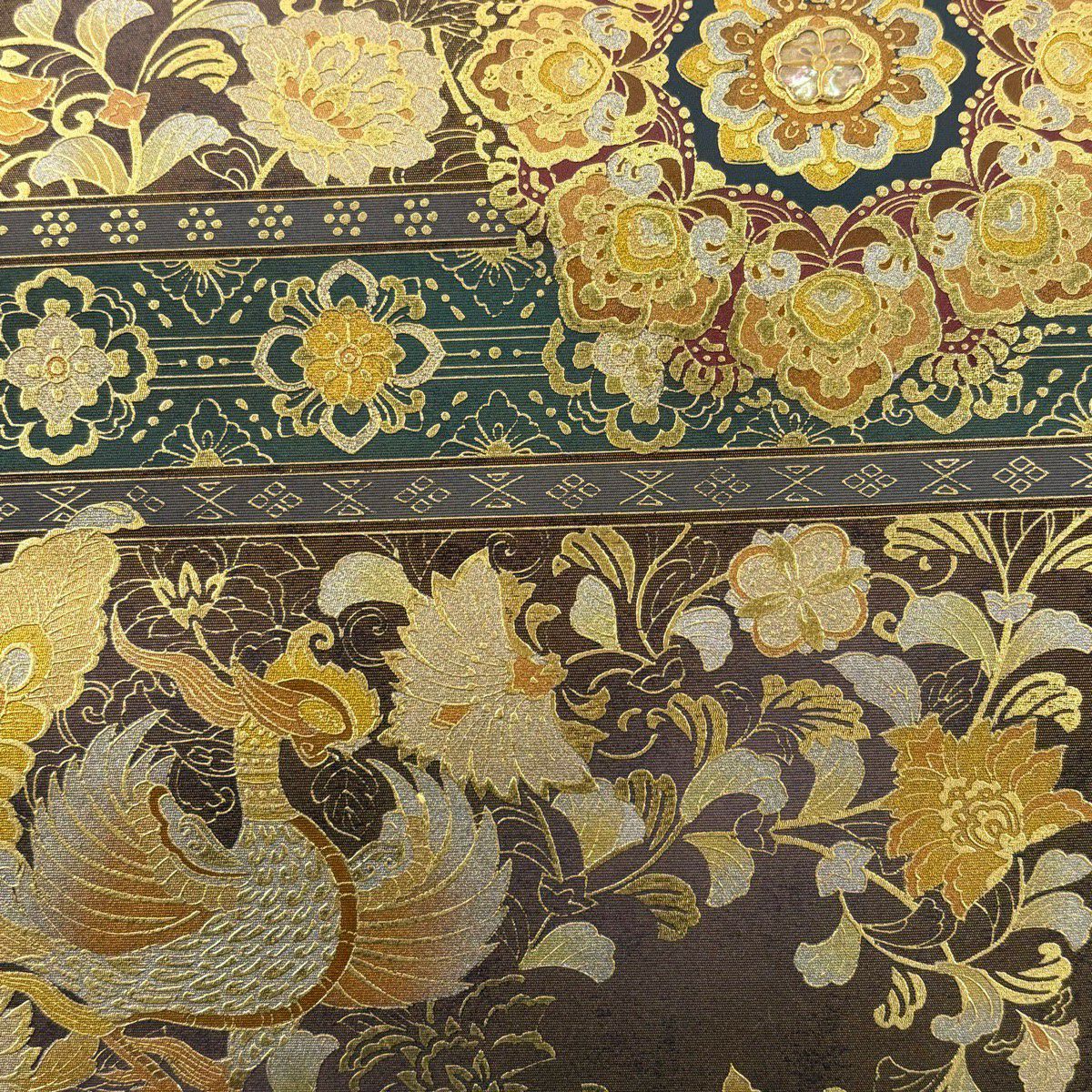 【美品】 袋帶 秀品級 華紋 花鳥 螺鈿 金銀彩 茶 純蠶絲
