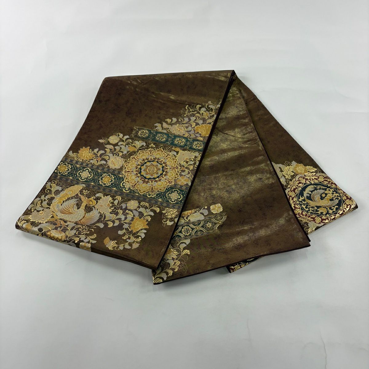 【美品】 袋帶 秀品級 華紋 花鳥 螺鈿 金銀彩 茶 純蠶絲