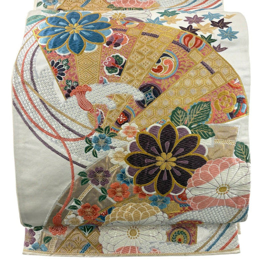 袋帶 秀品級 關西仕立 紅扇子 草花紋紋 金絲 金金箔 奶油 六通 純蠶絲