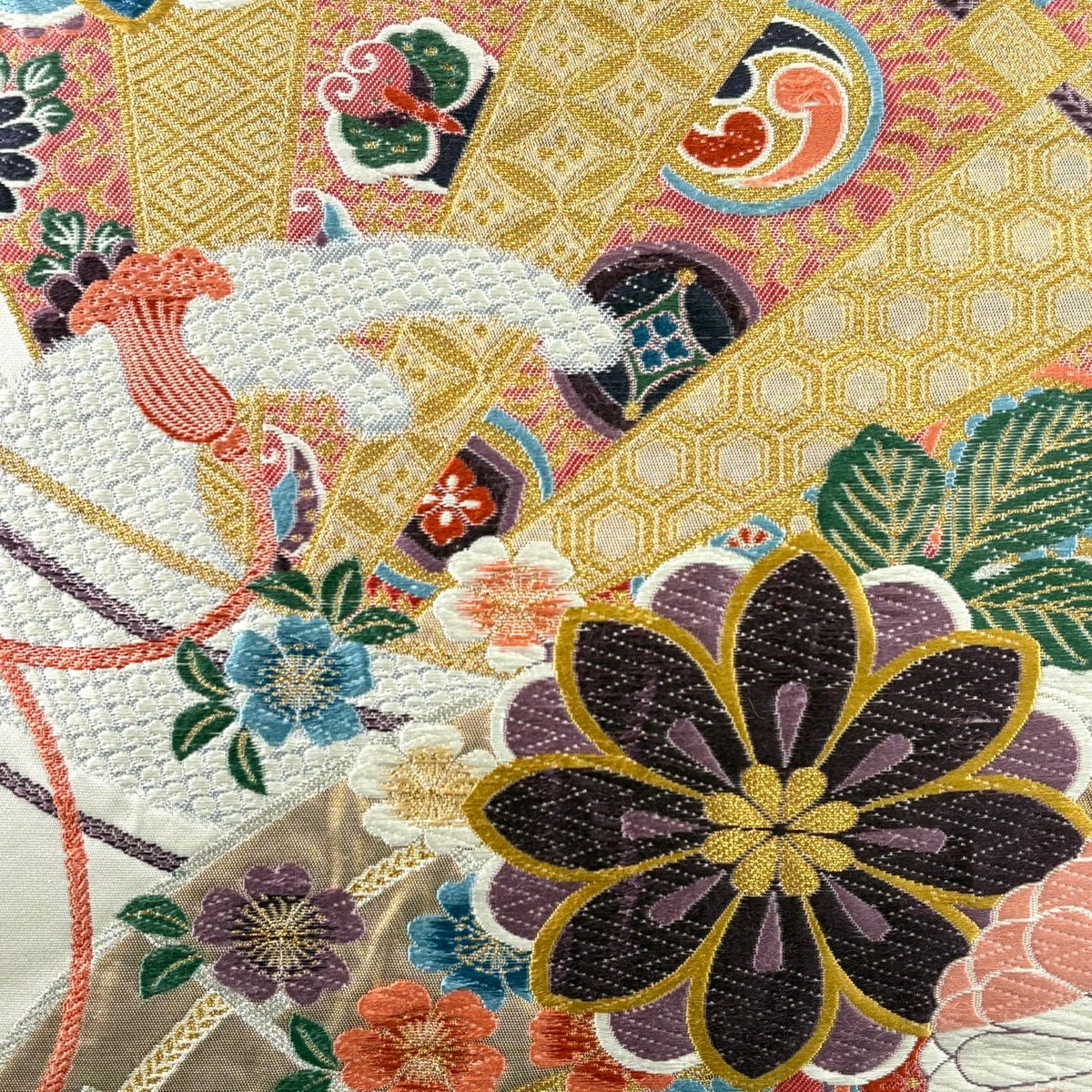 袋帶 秀品級 關西仕立 紅扇子 草花紋紋 金絲 金金箔 奶油 六通 純蠶絲