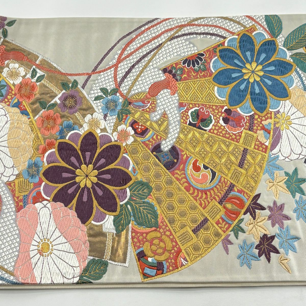 袋帶 秀品級 關西仕立 紅扇子 草花紋紋 金絲 金金箔 奶油 六通 純蠶絲
