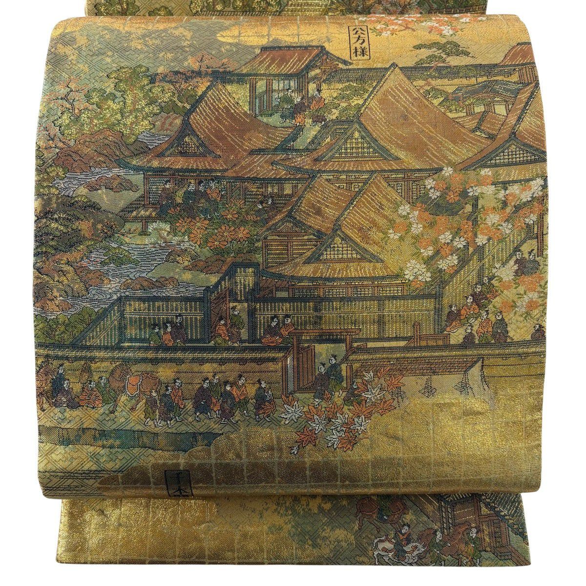 【美品】 袋帶 秀品級 洛中洛外的圖 建築 角色 金金箔 金色 大鼓圖案 純蠶絲