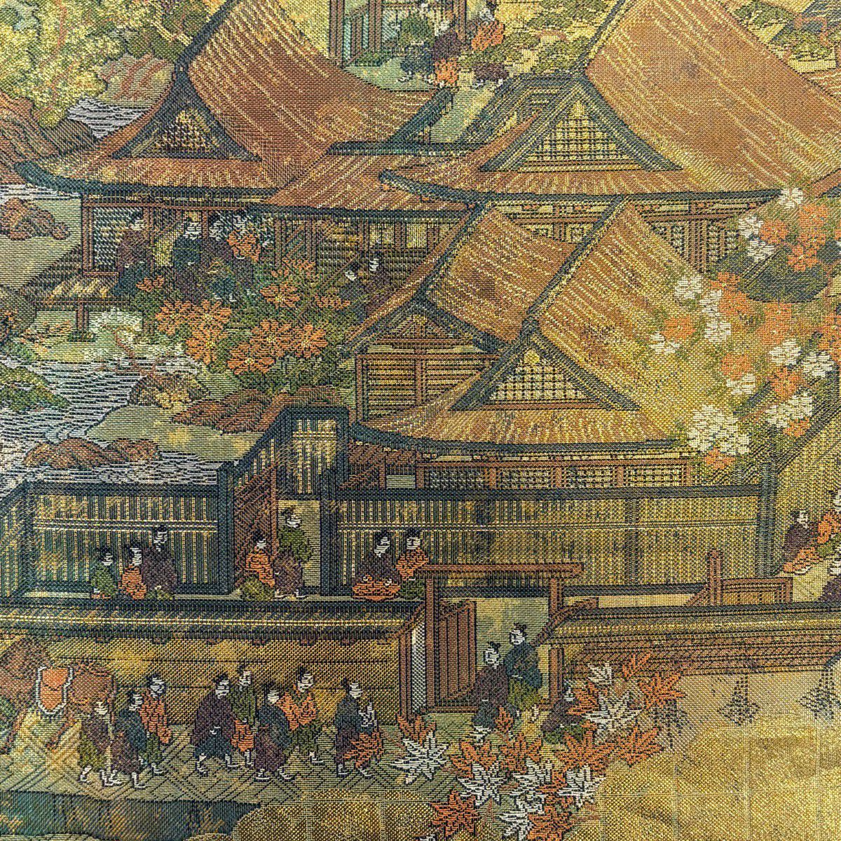 【美品】 袋帶 秀品級 洛中洛外的圖 建築 角色 金金箔 金色 大鼓圖案 純蠶絲