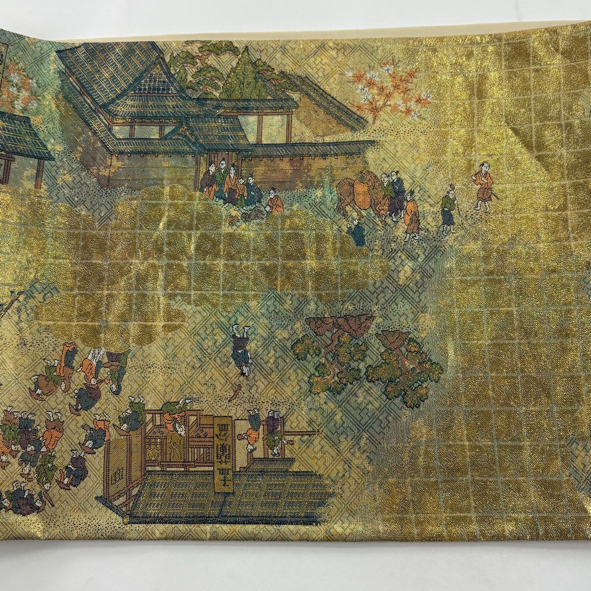 【美品】 袋帶 秀品級 洛中洛外的圖 建築 角色 金金箔 金色 大鼓圖案 純蠶絲