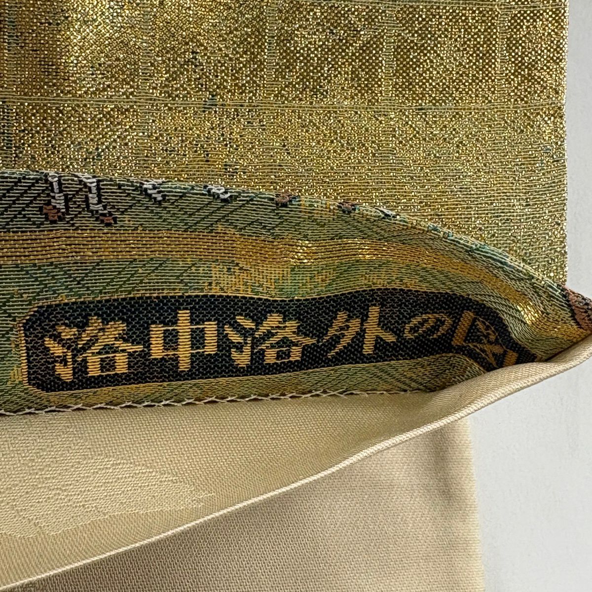 【美品】 袋帶 秀品級 洛中洛外的圖 建築 角色 金金箔 金色 大鼓圖案 純蠶絲