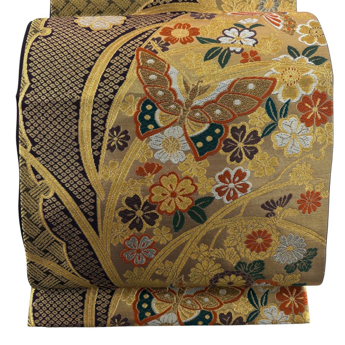 【美品】 袋帶 秀品級 蝶 草花紋 金銀線 金金箔 金色 六通 純蠶絲