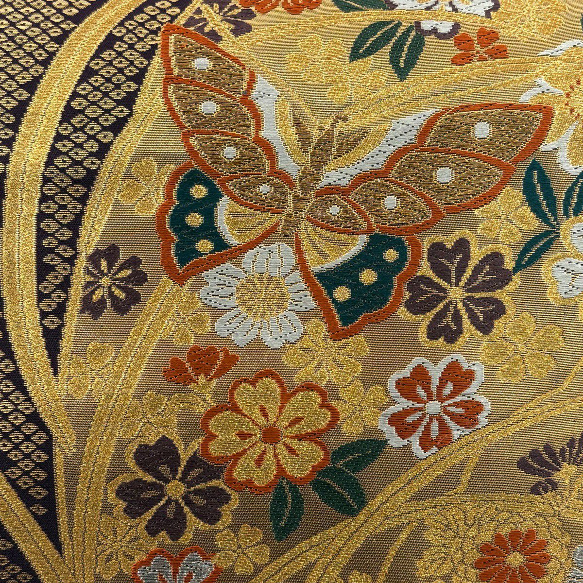 【美品】 袋帶 秀品級 蝶 草花紋 金銀線 金金箔 金色 六通 純蠶絲