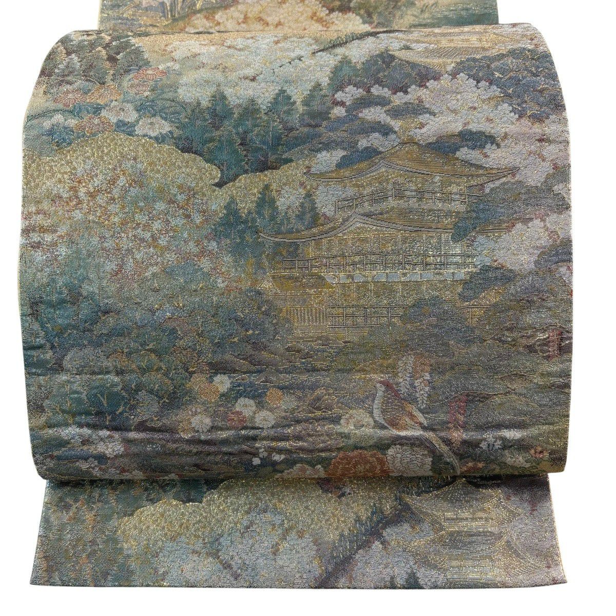 【美品】 袋帶 秀品級 金閣寺 風景 金絲 金金箔 金色 大鼓圖案 純蠶絲