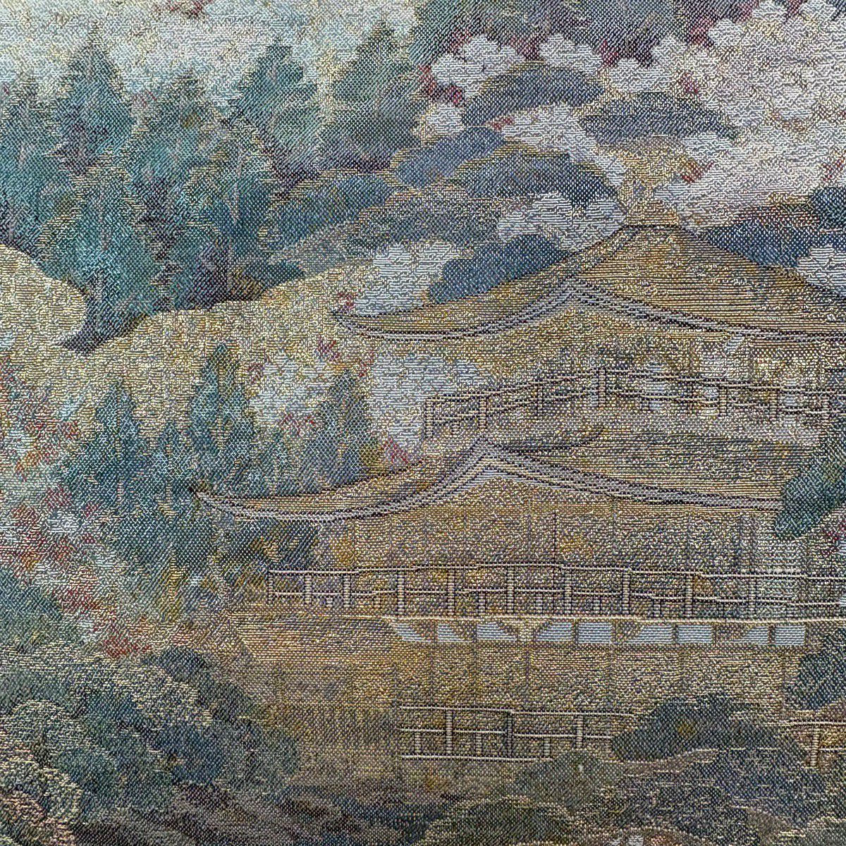 【美品】 袋帶 秀品級 金閣寺 風景 金絲 金金箔 金色 大鼓圖案 純蠶絲