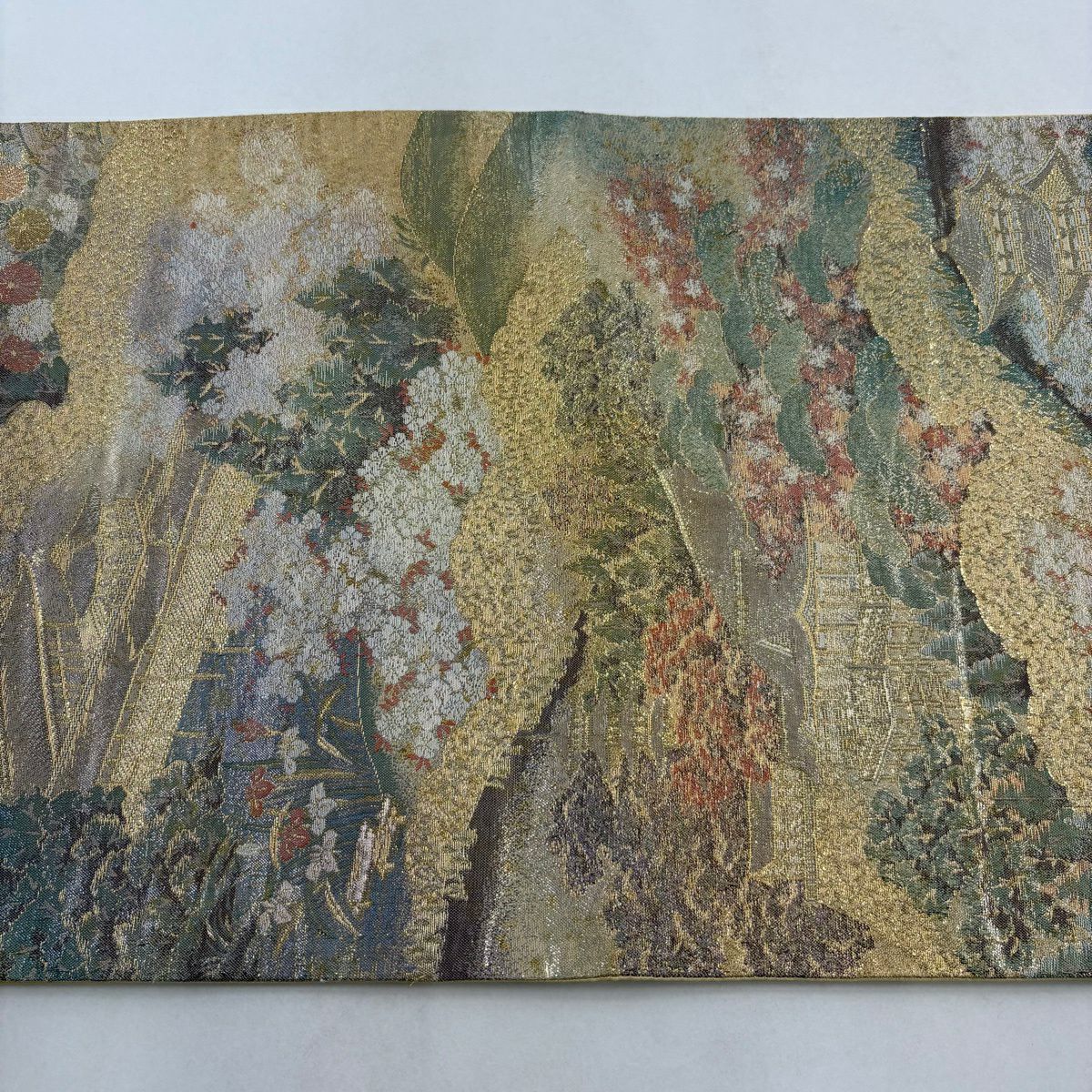 【美品】 袋帶 秀品級 金閣寺 風景 金絲 金金箔 金色 大鼓圖案 純蠶絲