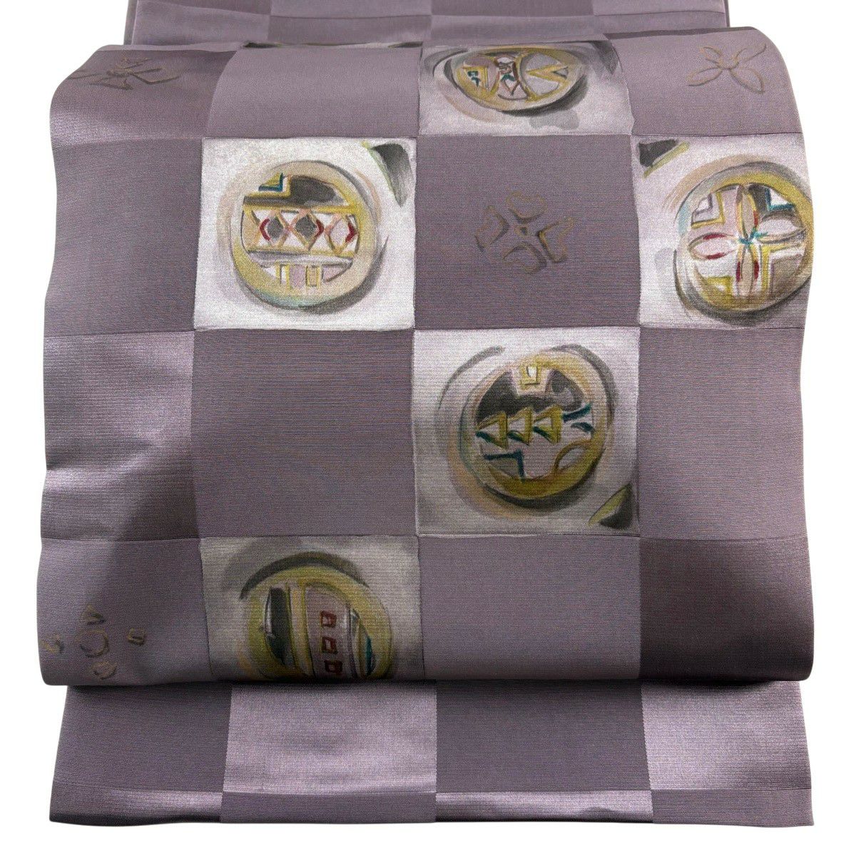 【美品】 袋帶 秀品級 伊と幸 市松樹 幾何學 金銀彩 灰紫 お太鼓柄 純蠶絲