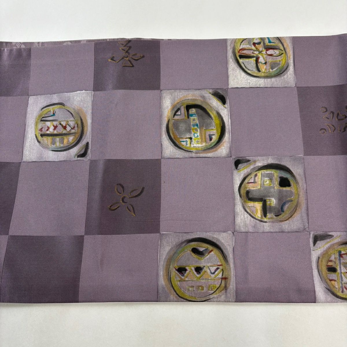 【美品】 袋帶 秀品級 伊と幸 市松樹 幾何學 金銀彩 灰紫 お太鼓柄 純蠶絲