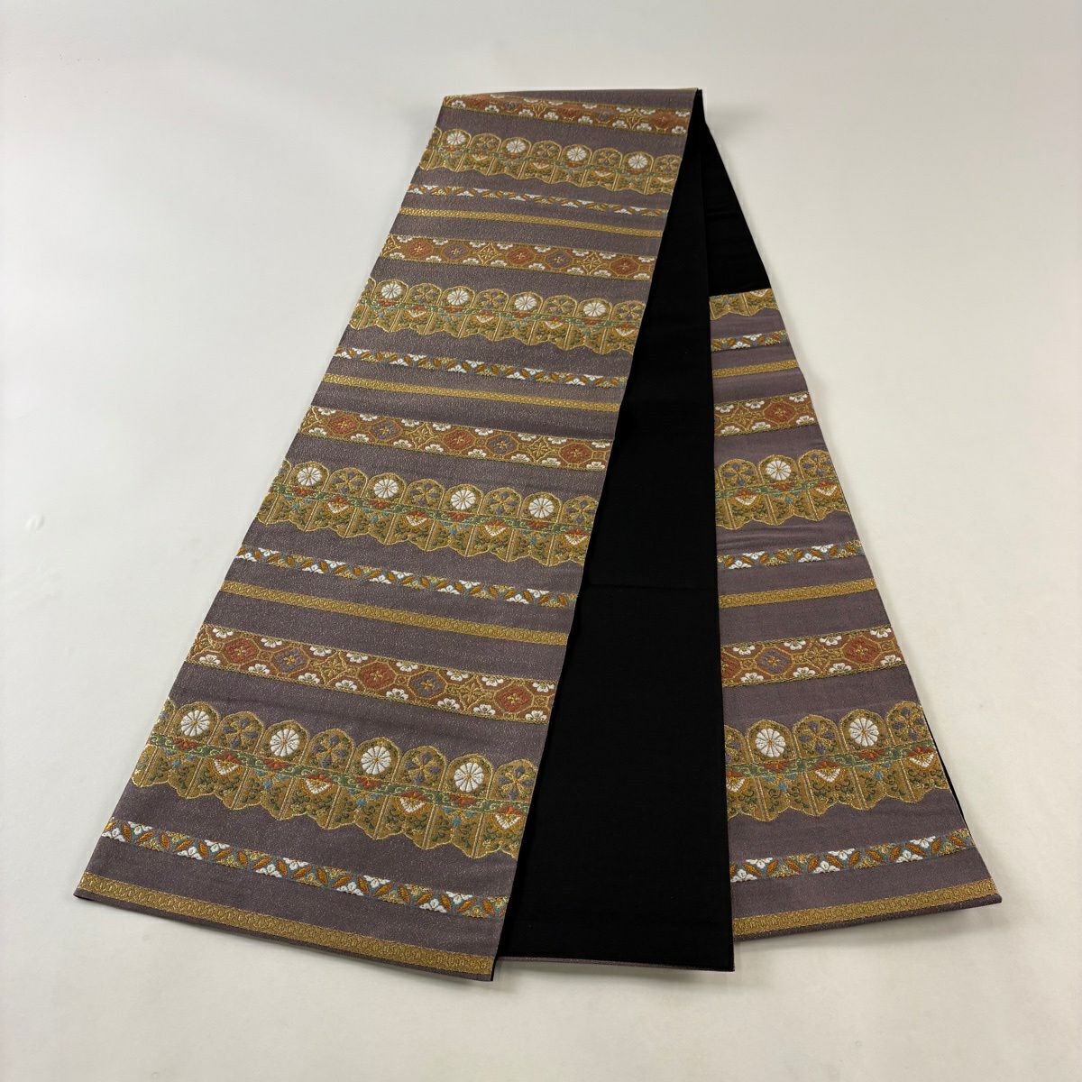 【美品】 袋帶 秀品級 鈴乃屋 草花紋紋 有職文樣 金絲 金金箔 灰紫 六通 純蠶絲