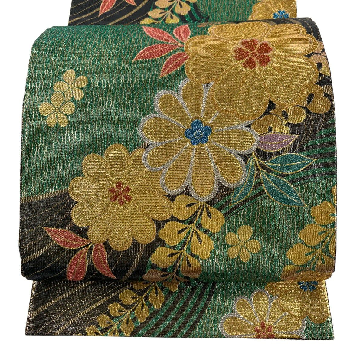【美品】 袋帶 秀品級 附有落款 振袖禮服禮服用 草花紋紋 流水 金絲 金金箔 綠色 六通 純蠶絲