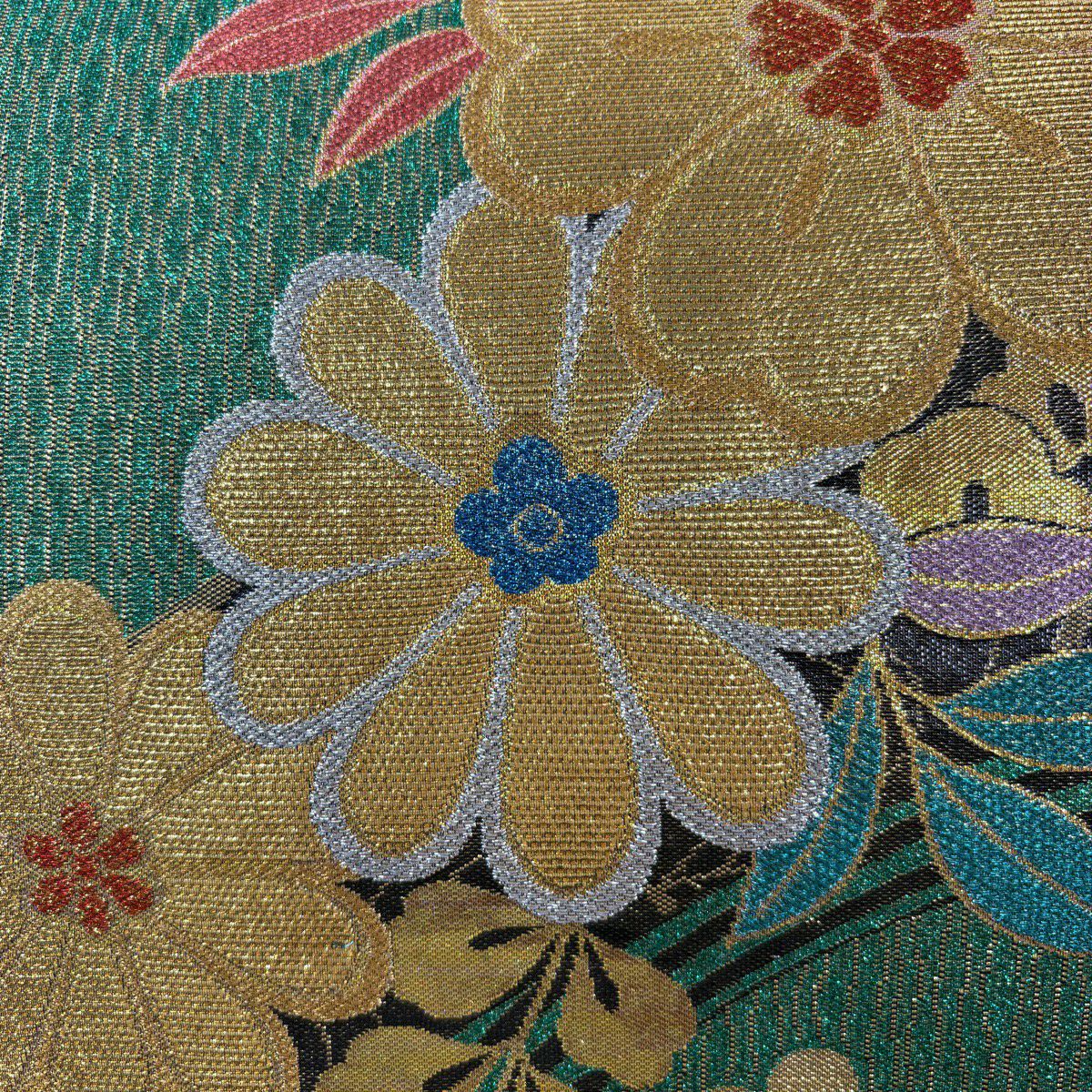 【美品】 袋帶 秀品級 附有落款 振袖禮服禮服用 草花紋紋 流水 金絲 金金箔 綠色 六通 純蠶絲