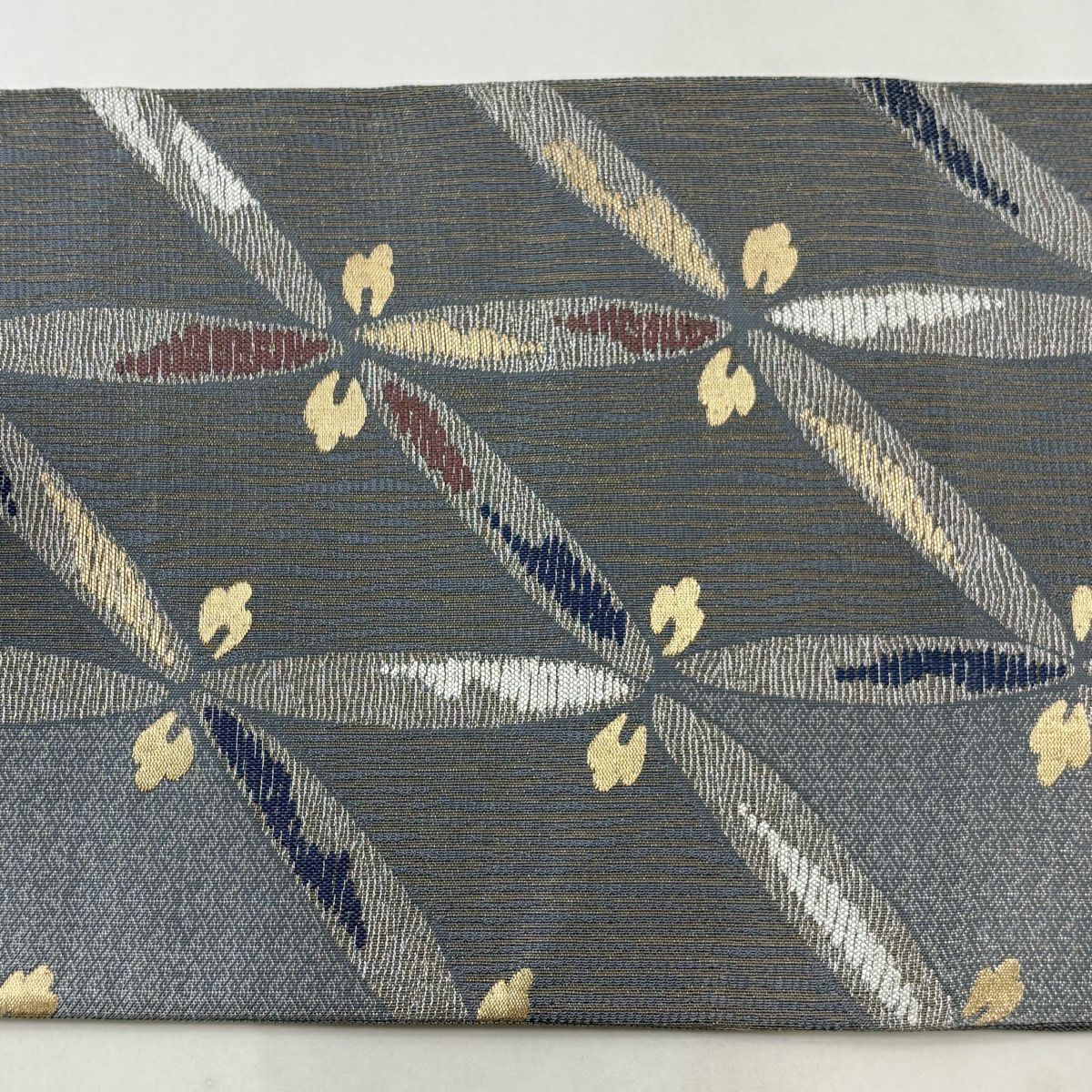 【美品】 袋帶 秀品級 關西仕立 雜色七寶 幾何學 金銀線 金金箔 青灰 深色 純蠶絲