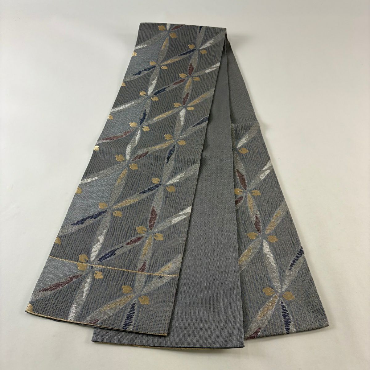 【美品】 袋帶 秀品級 關西仕立 雜色七寶 幾何學 金銀線 金金箔 青灰 深色 純蠶絲