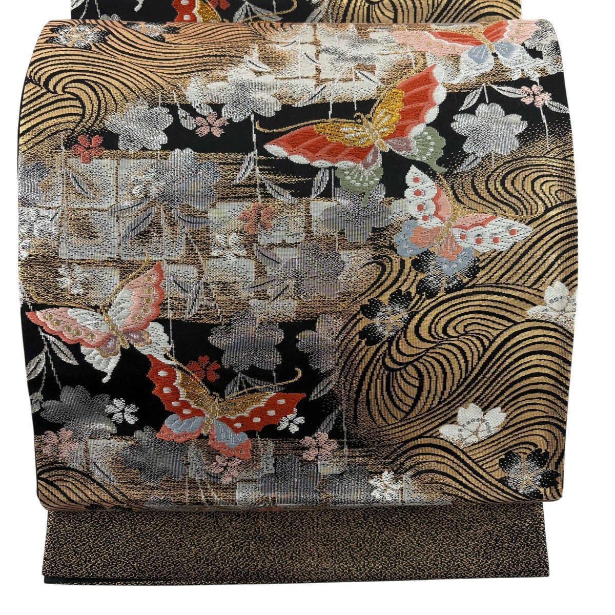 【美品】 袋帶 秀品級 蝶 櫻花 唐織 金金箔 黑 六通 純蠶絲