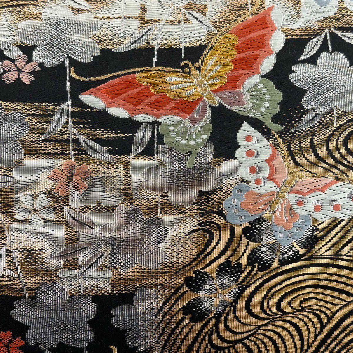 【美品】 袋帶 秀品級 蝶 櫻花 唐織 金金箔 黑 六通 純蠶絲